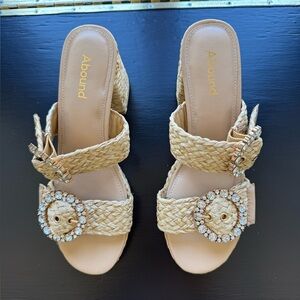 New Abound Tan Braided Wedge Slide Sandals with Rhinestone Buckles size 7